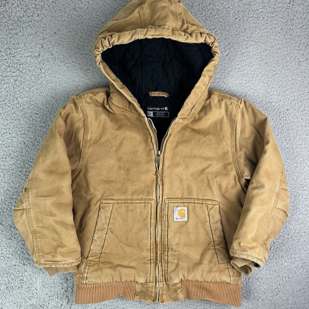 Carhartt‎ Canvas Quilted Lined Jacket Tan Brown Distressed Kids Small